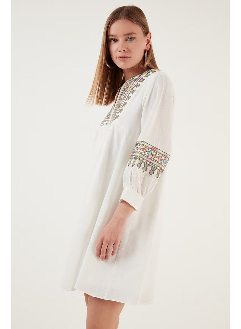 Lela Cotton Embroidery Detailed Comfortable Cut V-Neck Mini Dress Women's Dress 611EL269 - Image 1